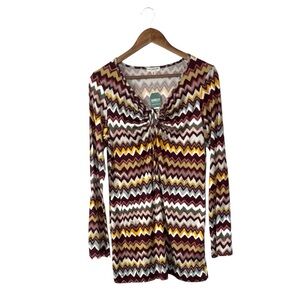 NEW Earthbound 70s Groovy Chevron Allover Print Long Sleeve Dress Peep Tie XL